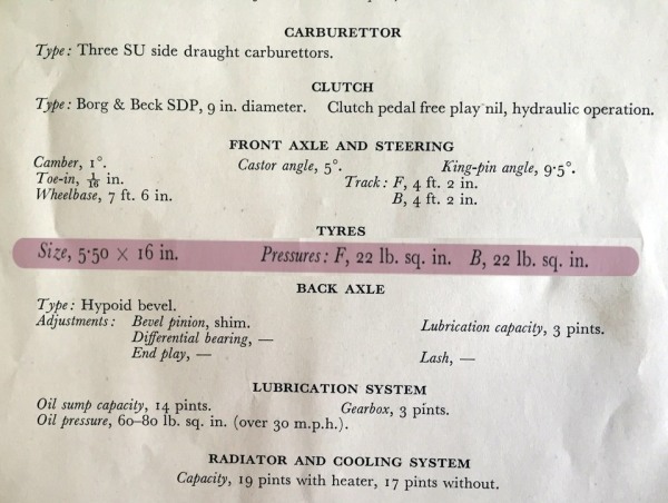 Period AC Ace Tire Pressure and Specifications Sheet