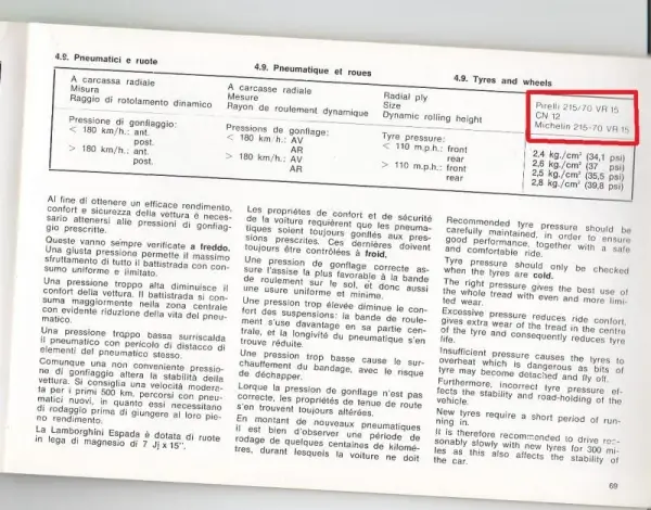 Click to Enlarge Lamborghini Espada Owners Manual Tire Fitment