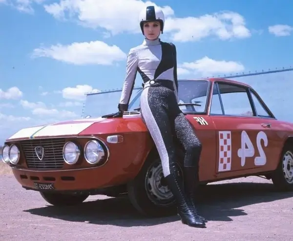 1967 Italian Actress and model Elsa Martinelli with a Lancia Fulvia HF
