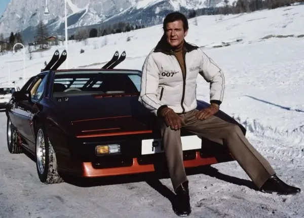 Click to Enlarge Cortina D'Ampezzo Winter 1981 Roger Moore on a Lotus Esprit Turbo from 007 For Your Eyes Only