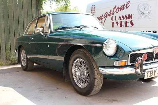 MGB with new 165 HR 14 PIRELLI CINTURATO CA67 Tires at Longstone HQ